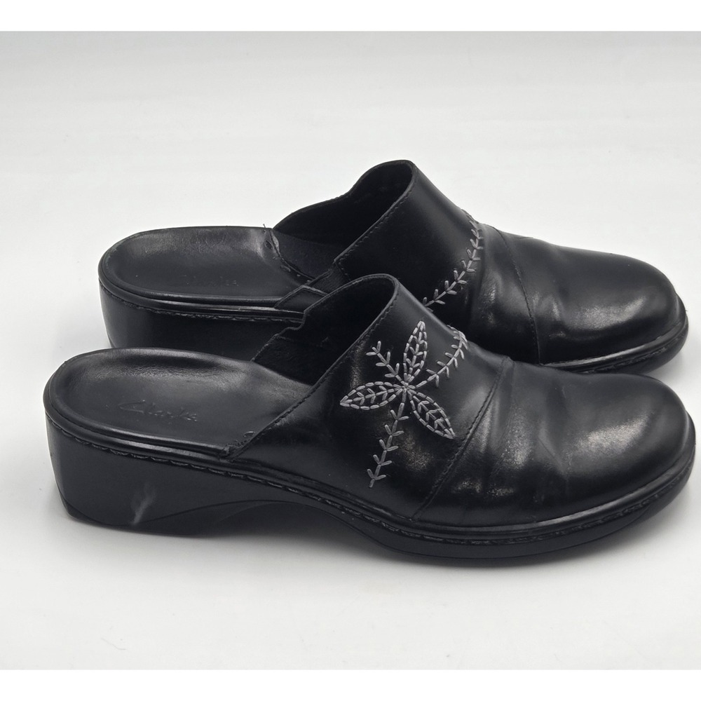 Clarks Black Leather Mules Size 9 Embroidered Slip-On Boho Comfort Shoe